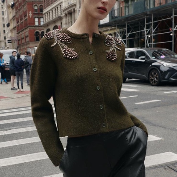Zara Beaded Shoulder Cardigan Hunter Green Small NWT Silver Embellished Sweater - Picture 15 of 16